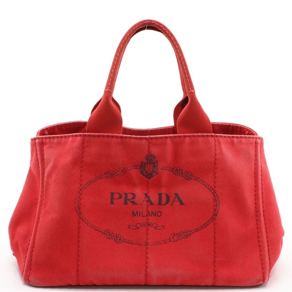 Prada Medium Logo Print Tote  in Rosso Canapa Canvas Denim - EUC - Picture 1 of 15